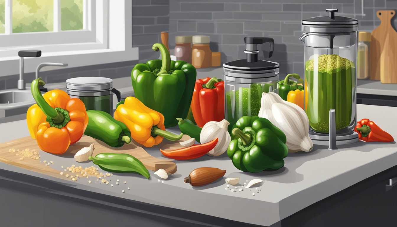 A variety of fresh peppers, garlic, salt, and equipment such as jars, weights, and a food processor arranged on a clean kitchen counter