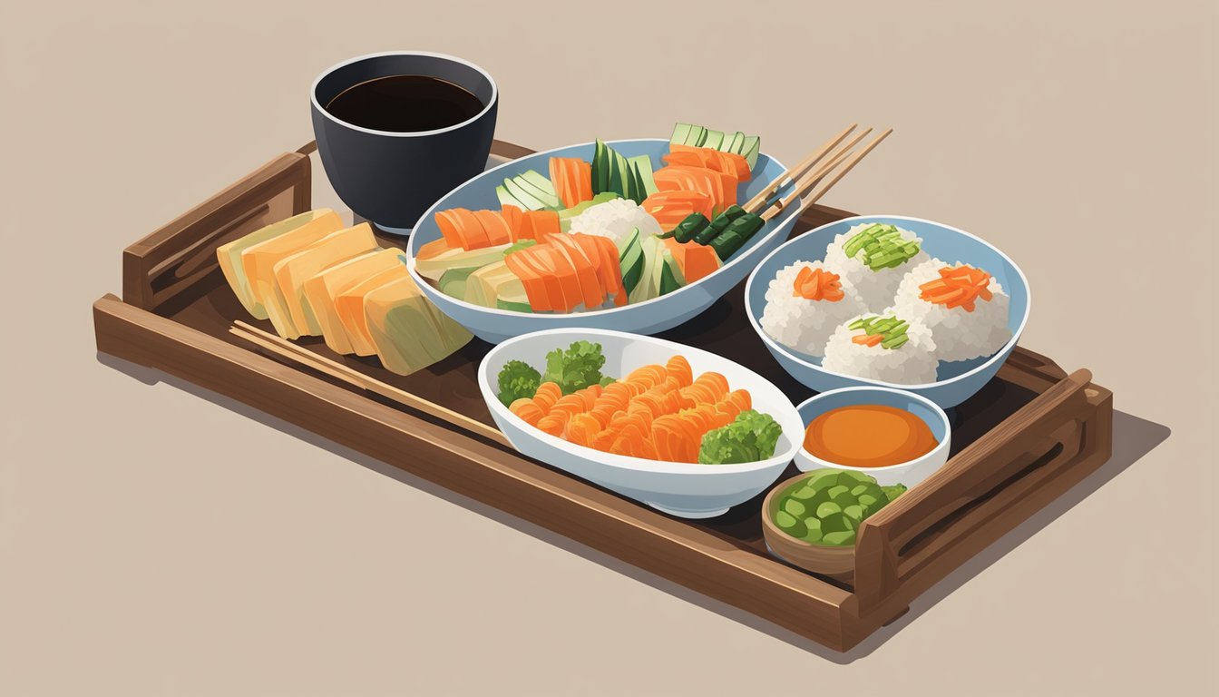 A wooden tray holds a spread of narezushi, with small dishes of pickled vegetables and soy sauce. A pair of chopsticks rests nearby