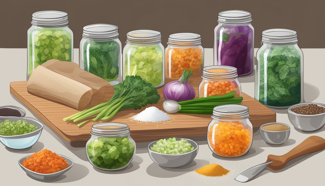 A table with jars of chopped vegetables, salt, and spices, surrounded by clean utensils and sanitized work surfaces