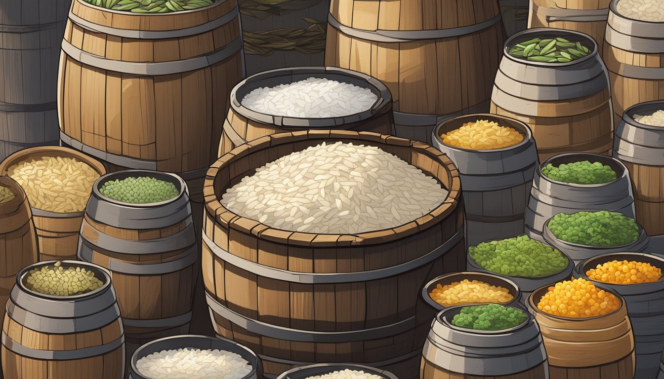 A wooden barrel filled with rice and fish submerged in brine, surrounded by jars of fermenting narezushi