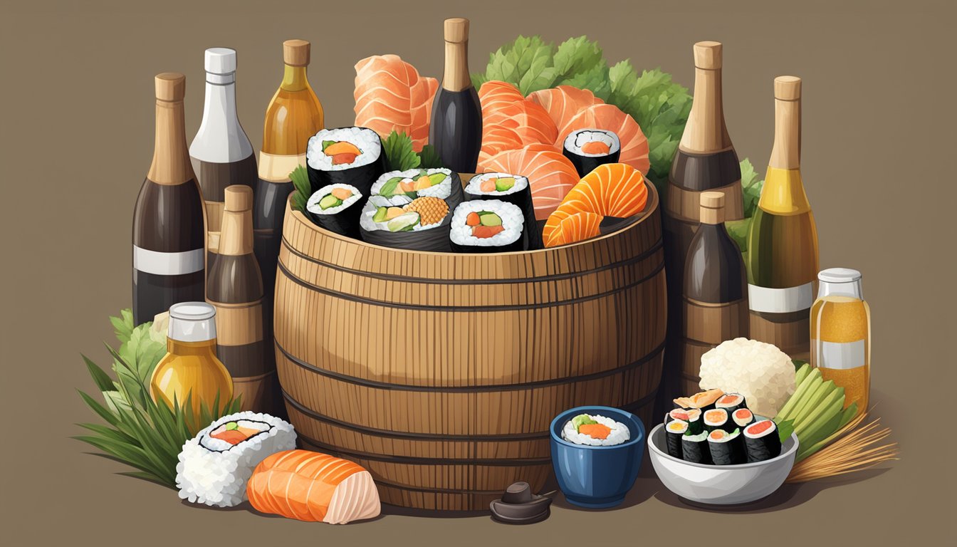 A wooden barrel filled with fermenting narezushi, surrounded by various sushi ingredients and tools