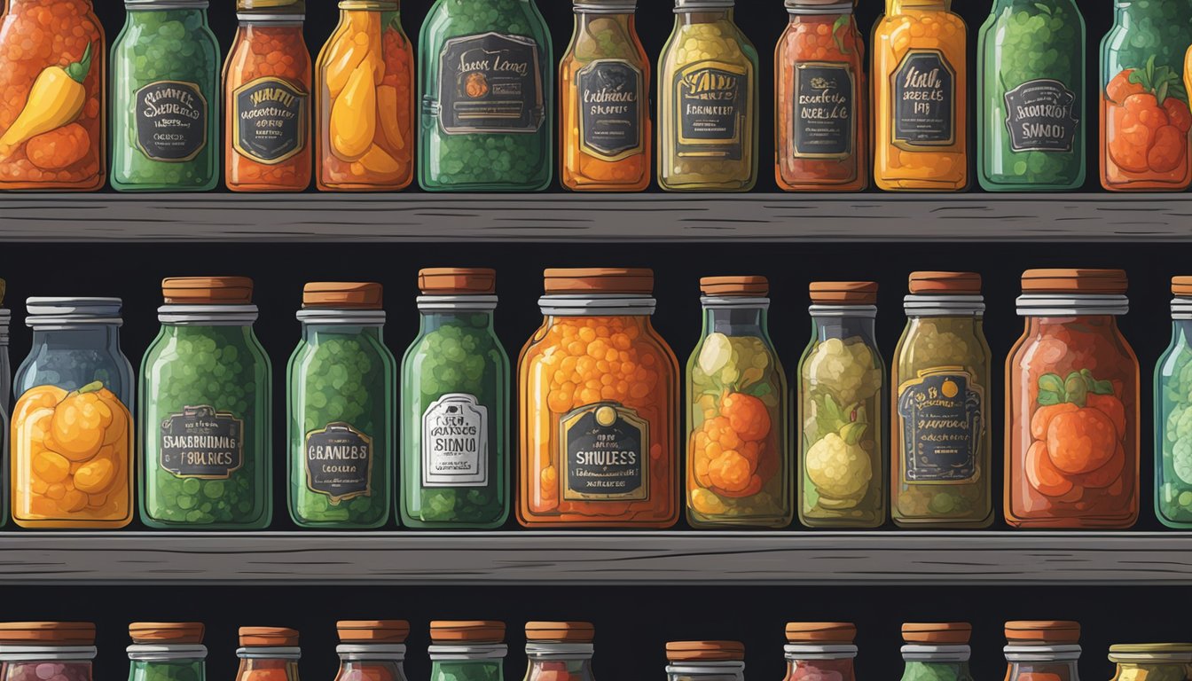 A row of glass jars filled with bubbling lacto-fermented hot sauces, sitting on a shelf in a cool, dark storage room