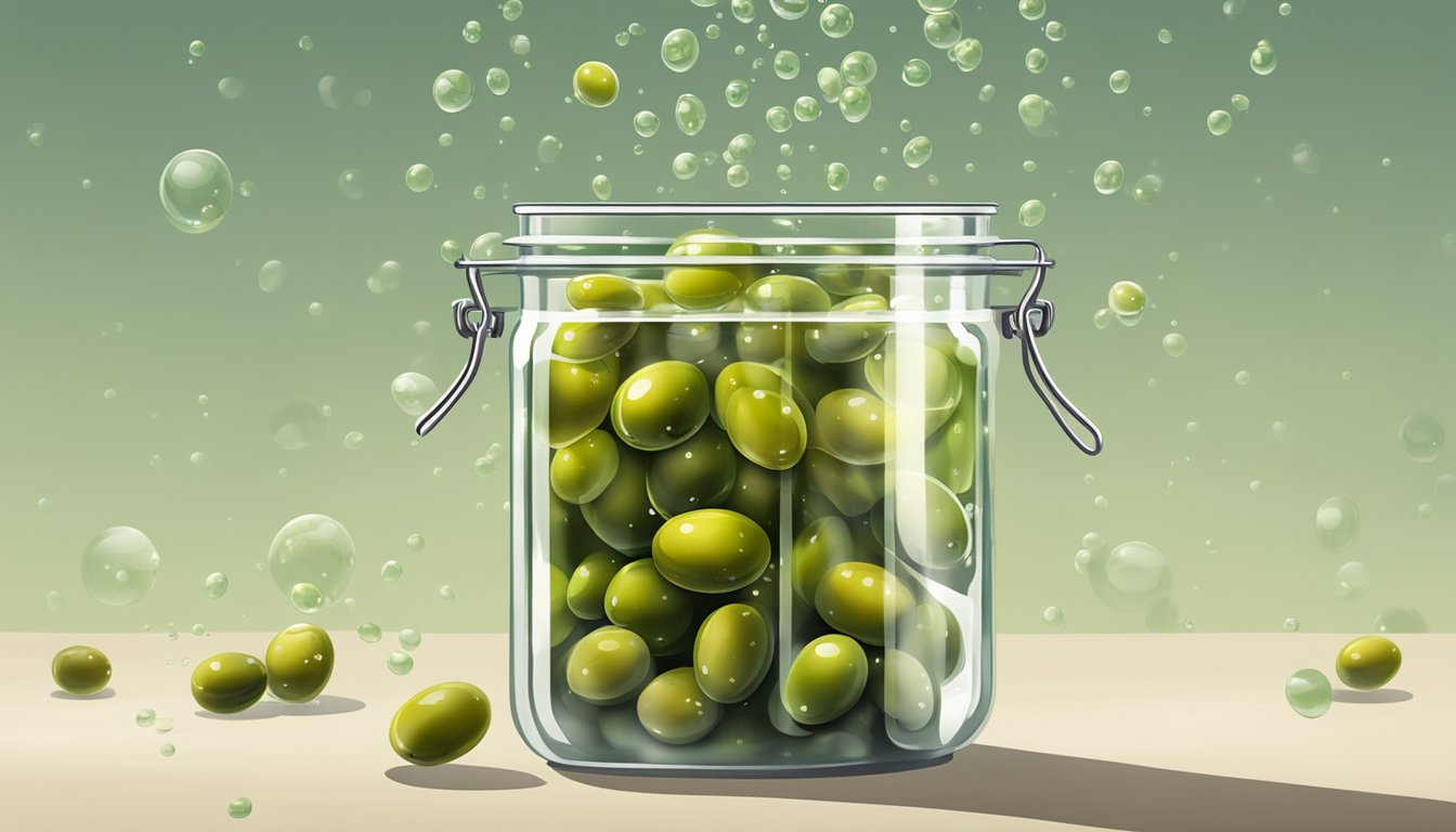 A glass jar filled with green olives submerged in a brine solution, bubbles rising to the surface as the fermentation process begins