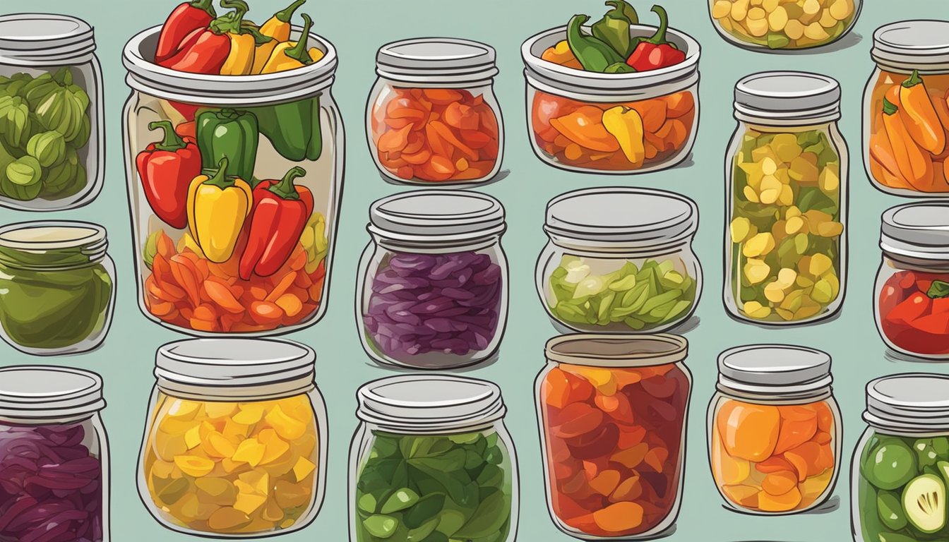 A variety of colorful peppers and other ingredients are being mixed and placed into glass jars, where they will ferment to create lacto-fermented hot sauces