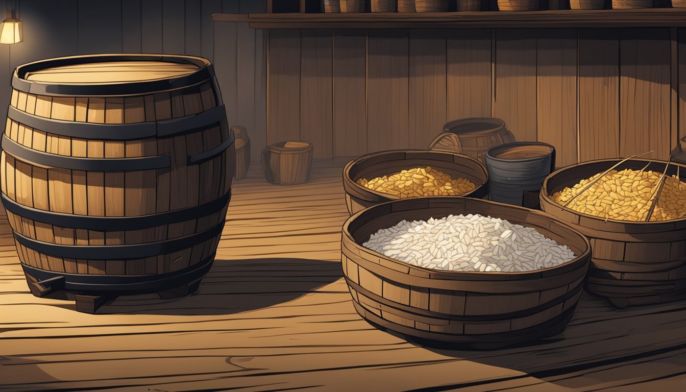 A wooden barrel filled with rice and fish, covered with a heavy stone, sits in a dimly lit room for fermenting narezushi