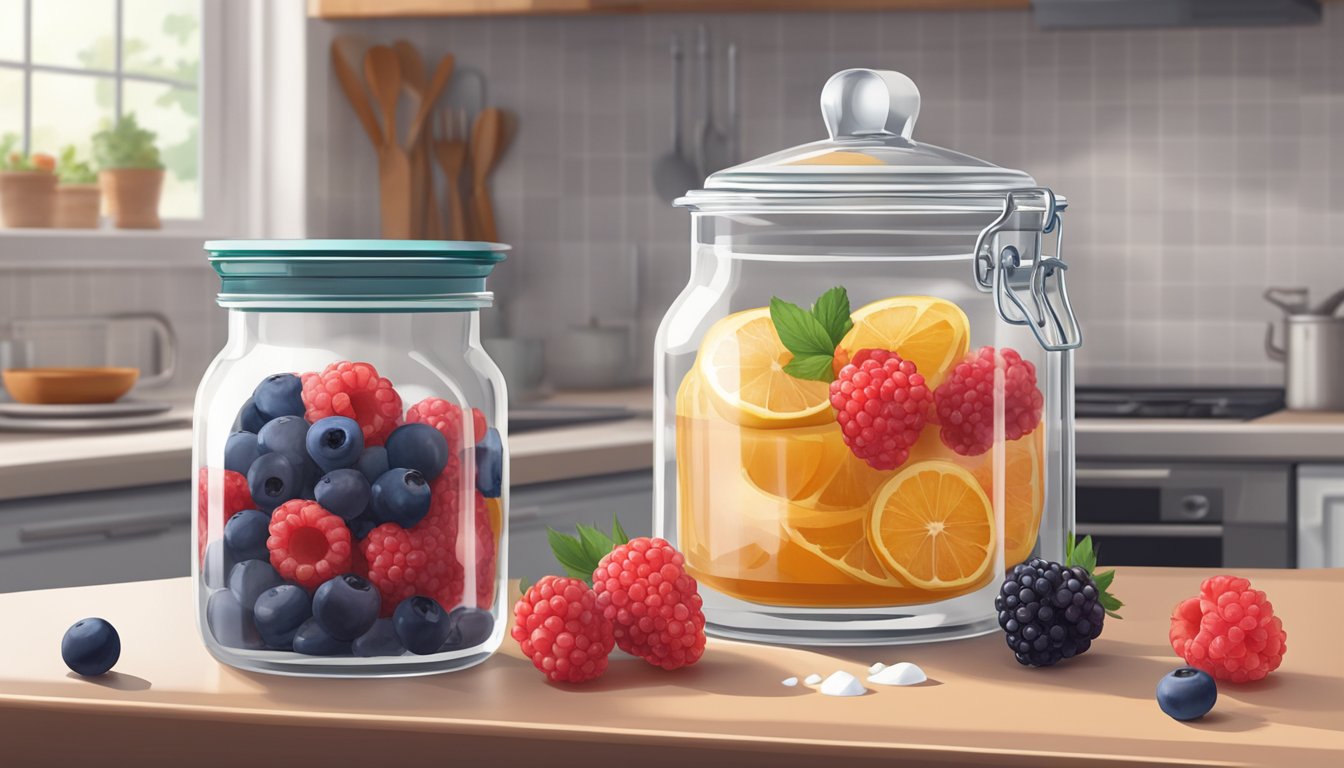 A clear glass jar filled with filmjölk sits on a kitchen counter, surrounded by a bowl of fresh berries and a small dish of sugar