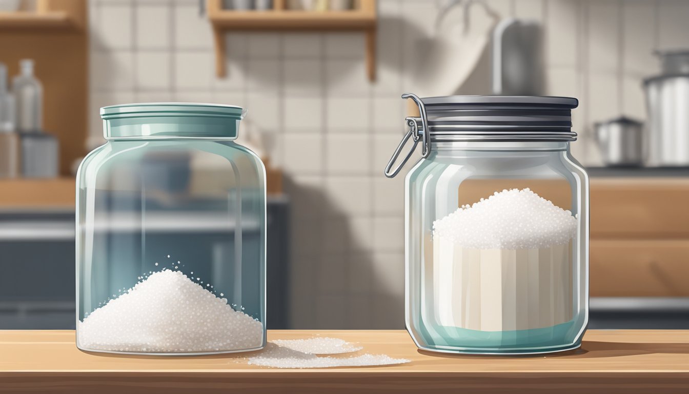 A glass jar filled with filmjlk sits on a kitchen counter, covered with a breathable cloth secured with a rubber band. A small bowl of salt sits nearby