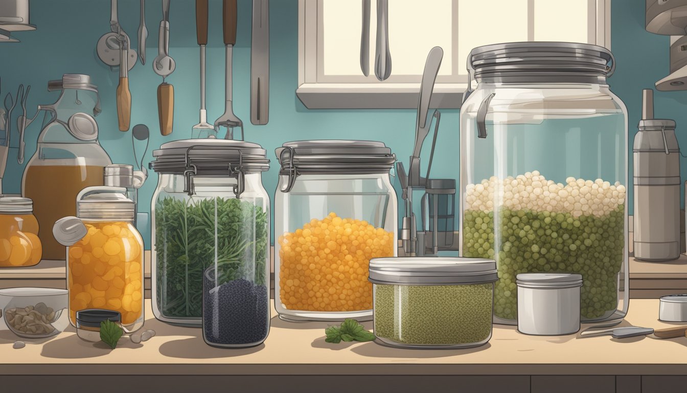 A glass jar filled with filmjlk sits on a kitchen counter, surrounded by various fermentation tools and ingredients. The filmjlk bubbles as it undergoes the fermentation process