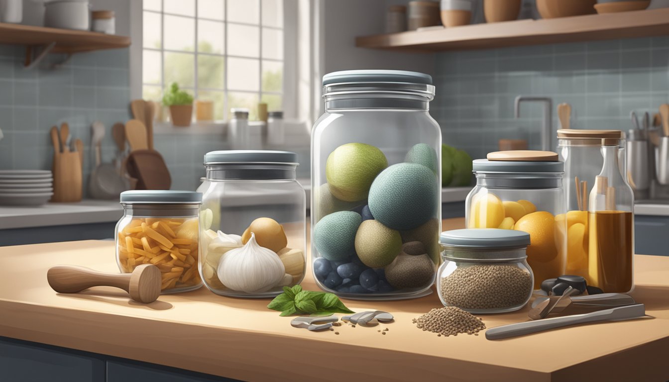 A glass jar filled with filmjlk sits on a kitchen counter, covered with a breathable cloth secured with a rubber band. The jar is surrounded by various fermentation tools and ingredients