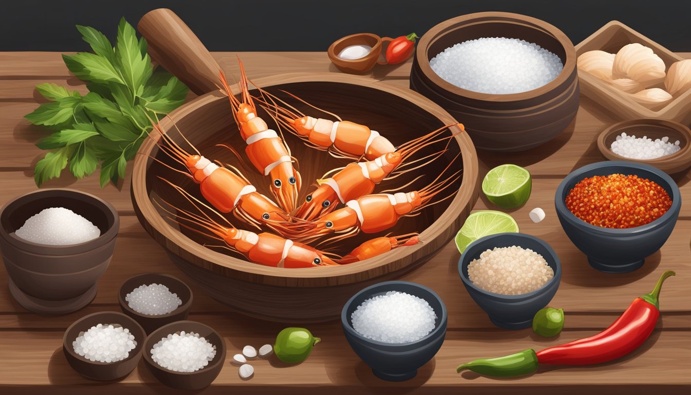 A wooden mortar and pestle grind shrimp paste with salt and water, surrounded by small dishes of chili and garlic