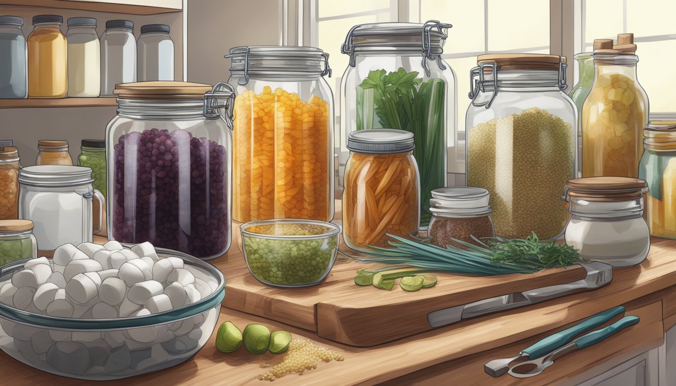 A glass jar filled with filmjlk sitting on a kitchen counter, surrounded by various fermentation tools and ingredients