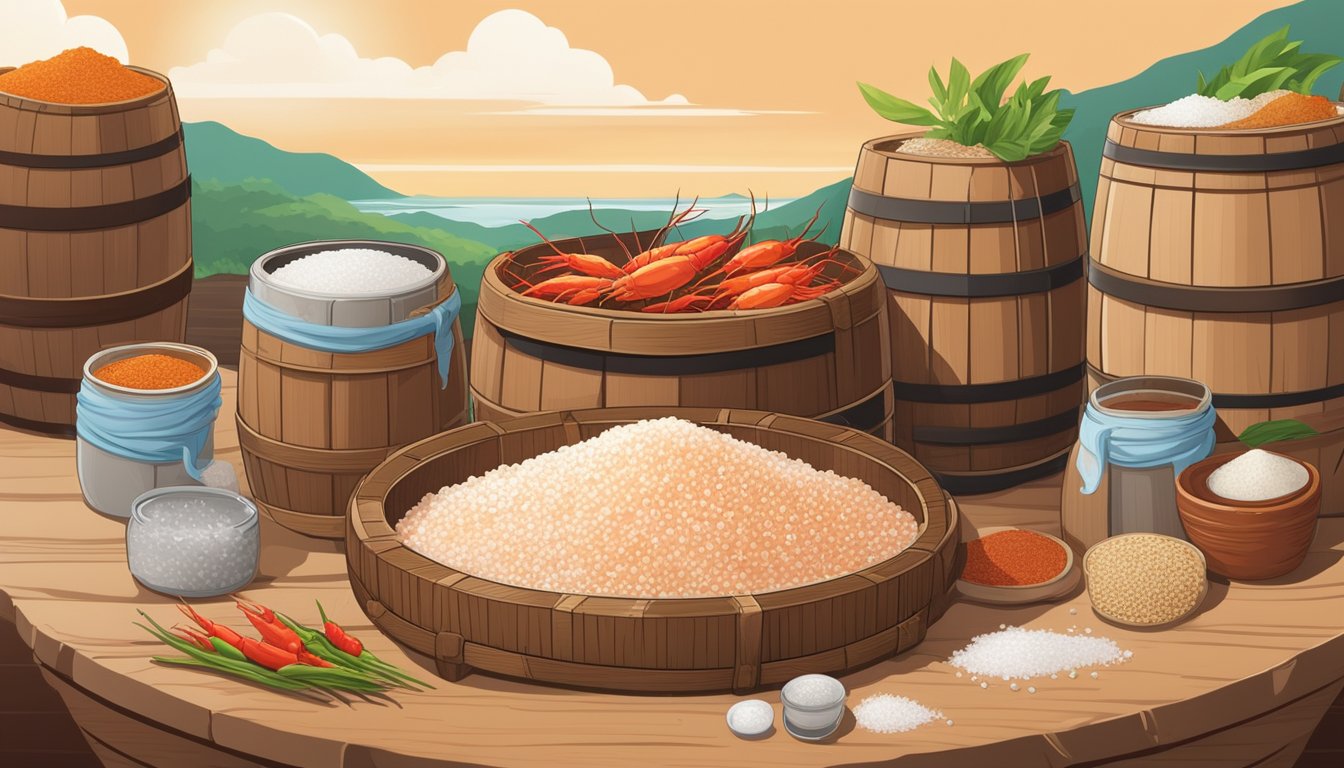 A wooden barrel filled with shrimp paste sits under the sun, surrounded by piles of salt and chili peppers. Bubbles form on the surface as the belacan ferments