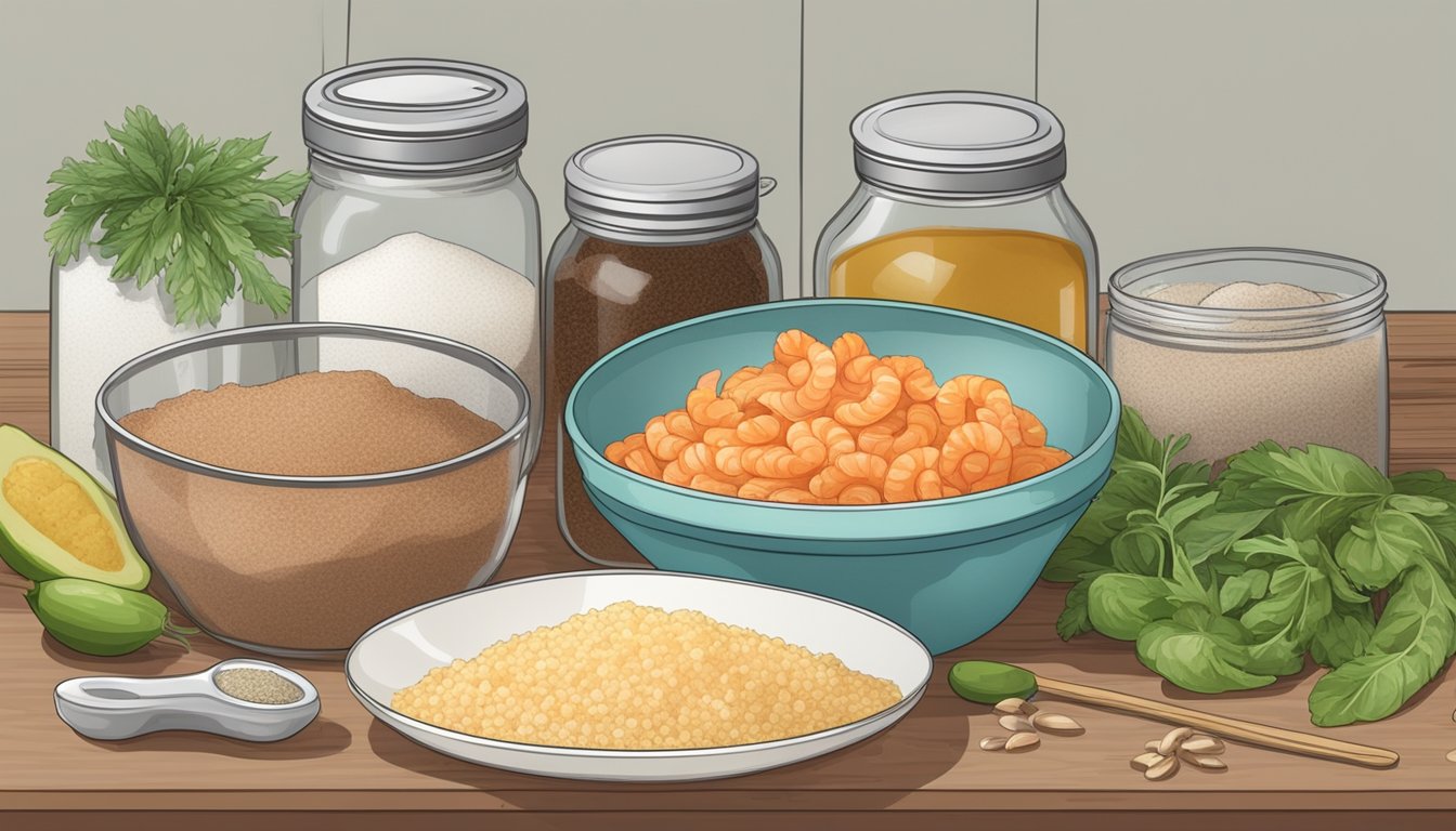 A kitchen counter with ingredients and tools for fermenting belacan. Shrimp paste, salt, and a jar are present