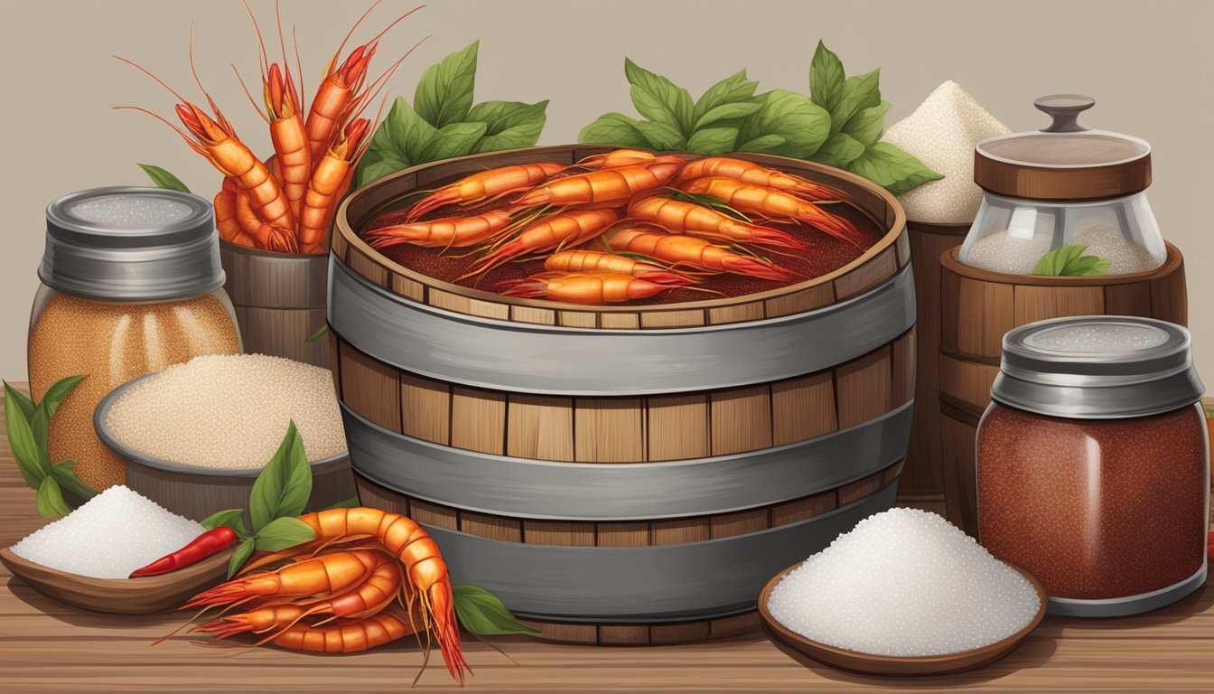 A wooden barrel filled with shrimp paste sits in a shaded area, covered with a cloth and surrounded by jars of salt and chili peppers