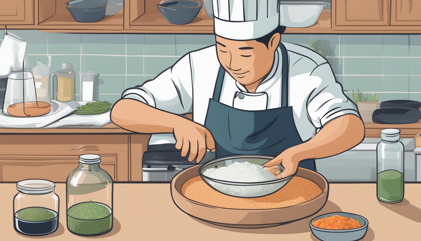 A chef mixing belacan paste with salt and placing it in a jar to ferment. A bowl of shrimp paste sits on the counter