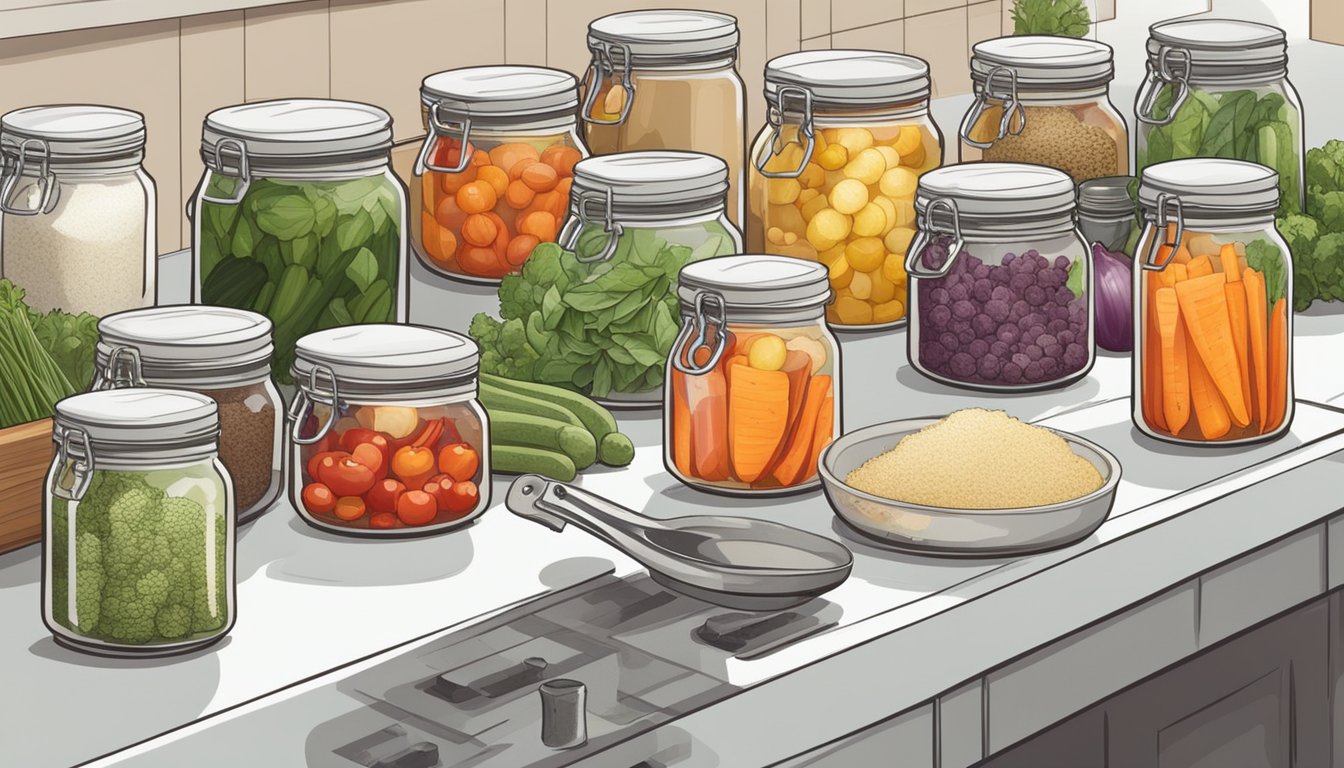 A variety of fresh vegetables, spices, and salt are arranged on a clean kitchen counter. Jars and fermentation equipment are ready for use