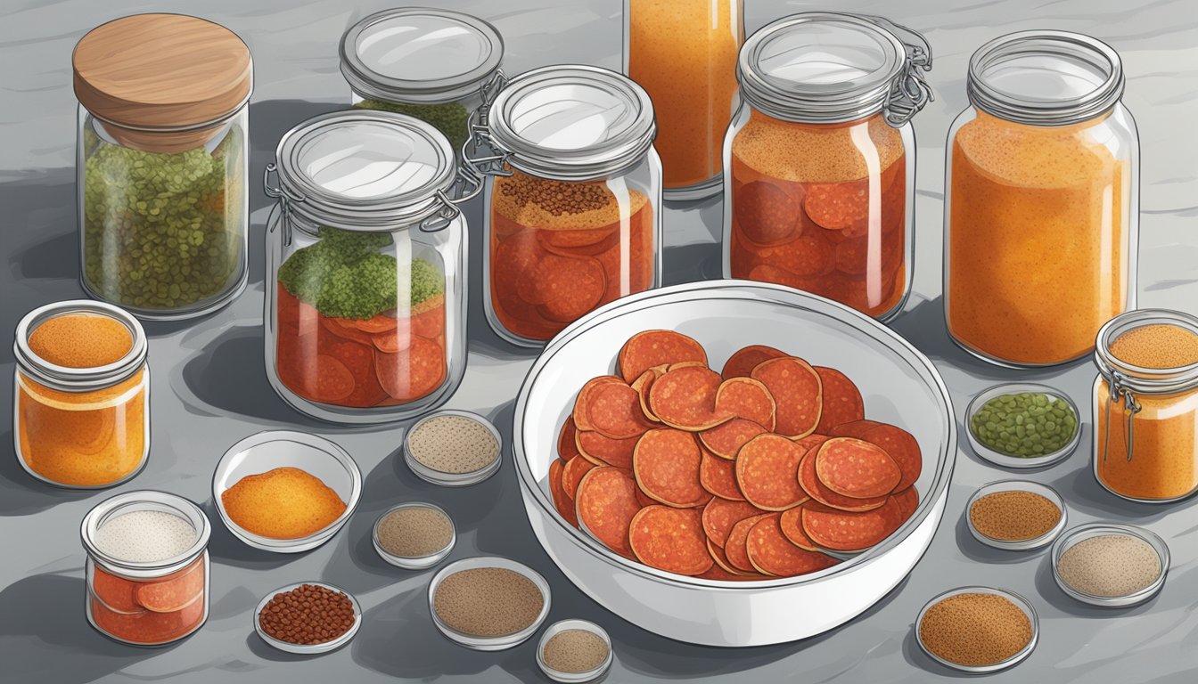 A bowl of sliced pepperoni submerged in a brine solution, surrounded by jars of various spices and a container of fermenting starter culture