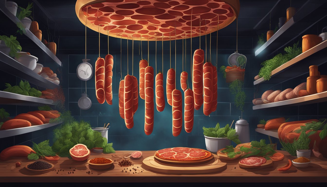 Pepperoni hanging in a dark, cool room, surrounded by spices and herbs. Strings of sausages dangle from the ceiling, undergoing the curing and seasoning process