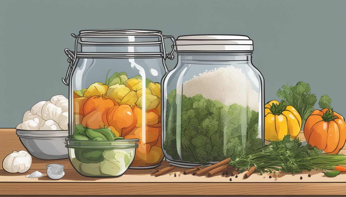 A jar of giardiniera sits on a kitchen counter, surrounded by assorted vegetables, salt, and a brine solution. A small bowl of spices and herbs is nearby