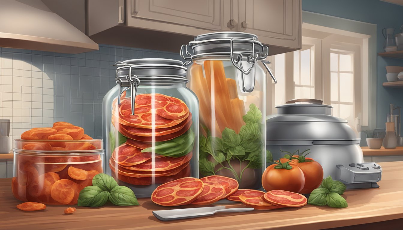 A glass jar filled with pepperoni slices submerged in brine, surrounded by various fermentation equipment and ingredients on a kitchen counter