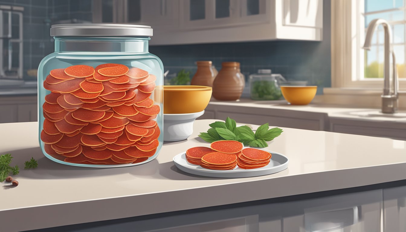 A glass jar filled with sliced pepperoni submerged in a brine solution, sitting on a kitchen counter next to a small bowl of assorted spices