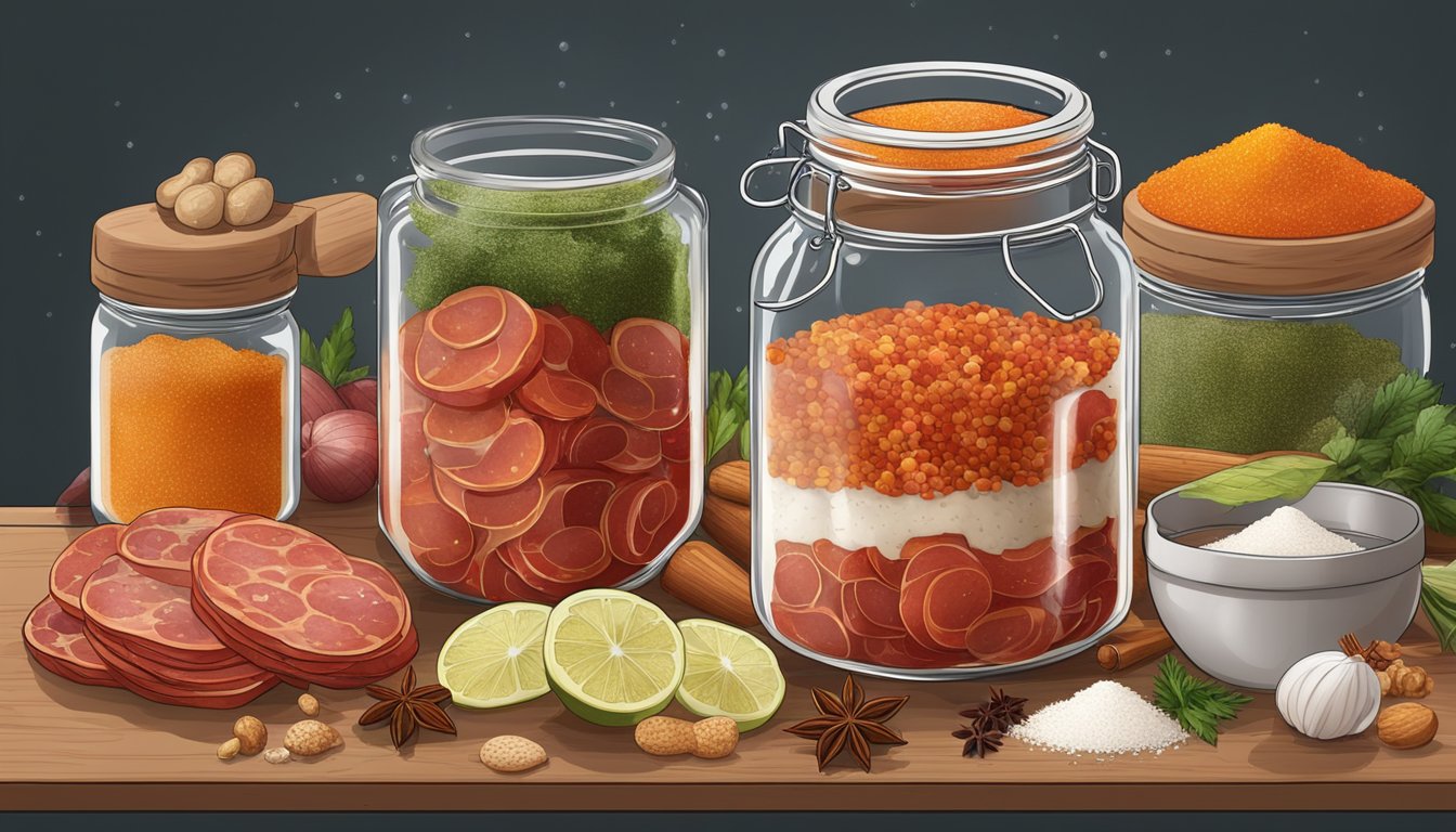 A jar filled with sliced pepperoni, surrounded by various spices and ingredients, with bubbles forming as the fermentation process takes place