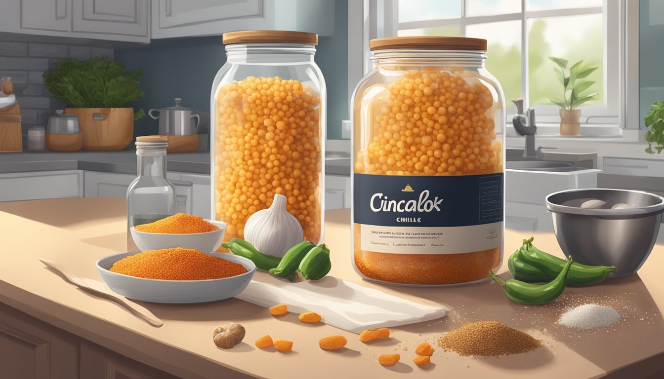 A jar of cincalok sits on a kitchen counter, surrounded by ingredients like chili, garlic, and sugar. Bubbles rise to the surface as the fermentation process begins