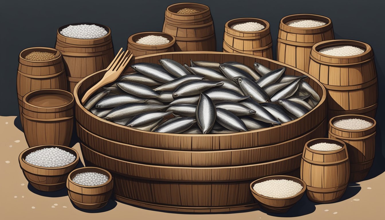 A large wooden barrel filled with salted anchovies and fermenting liquid, surrounded by traditional clay pots and wooden utensils