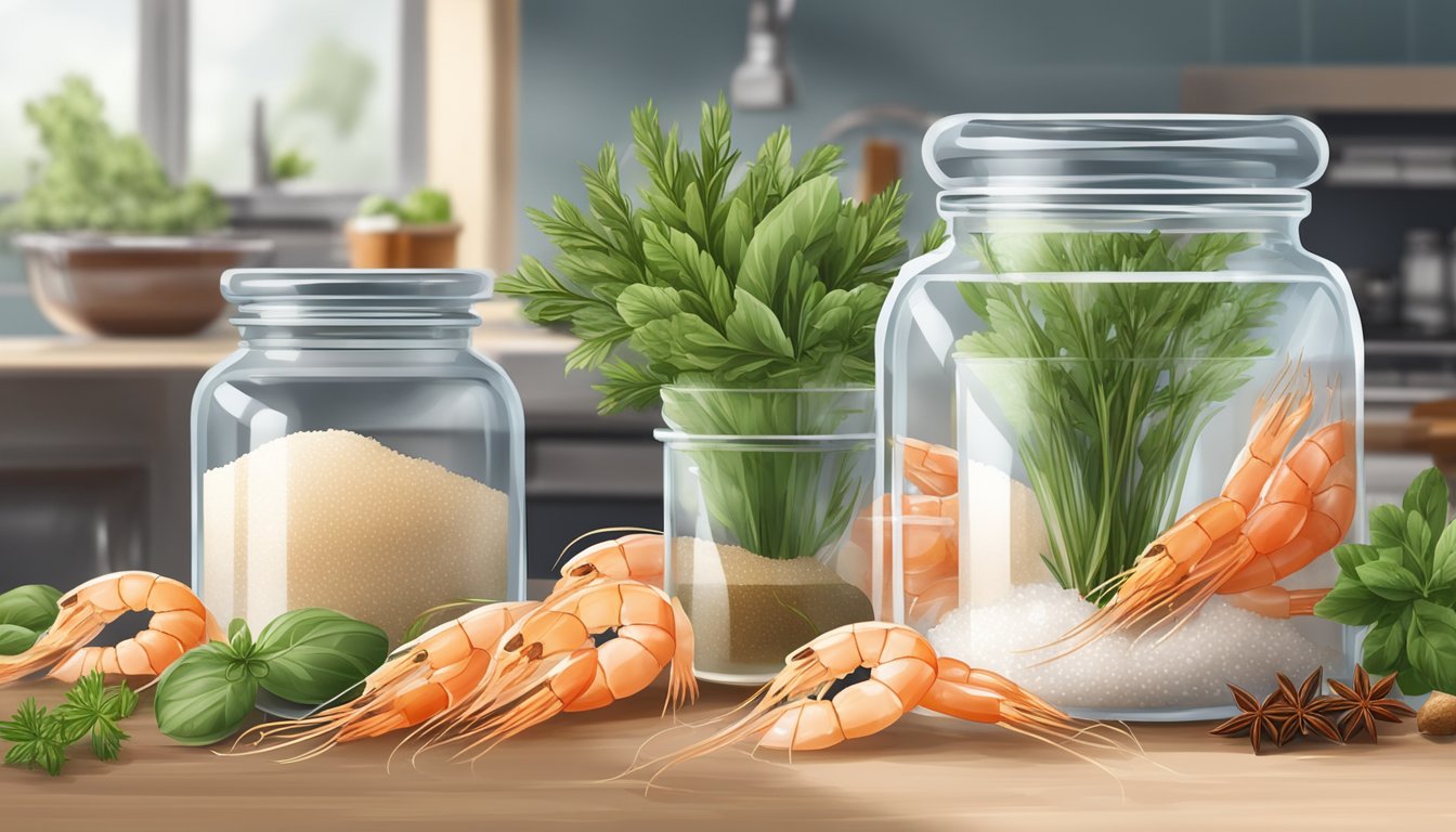 A glass jar filled with small shrimp and salt, surrounded by various herbs and spices on a kitchen counter