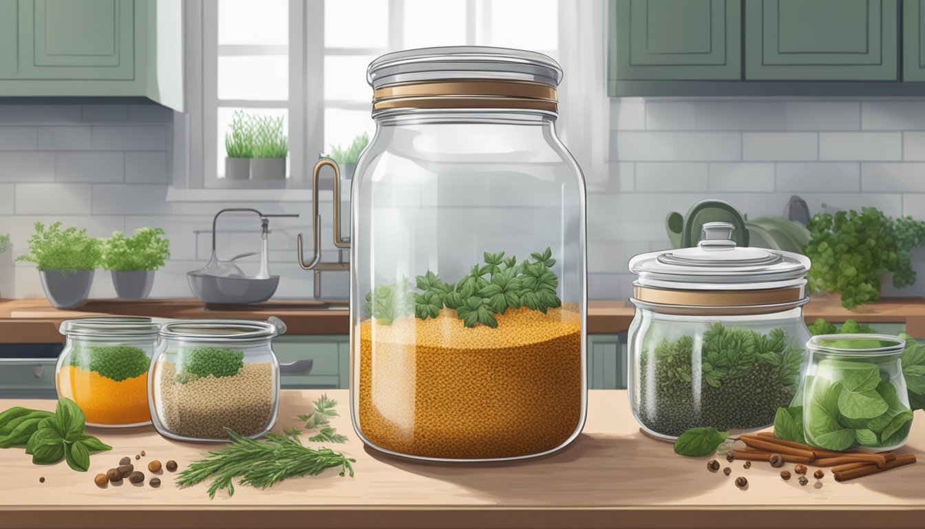 A jar of cincalok sits on a kitchen counter, surrounded by various herbs and spices. Bubbles rise to the surface as the fermentation process takes place