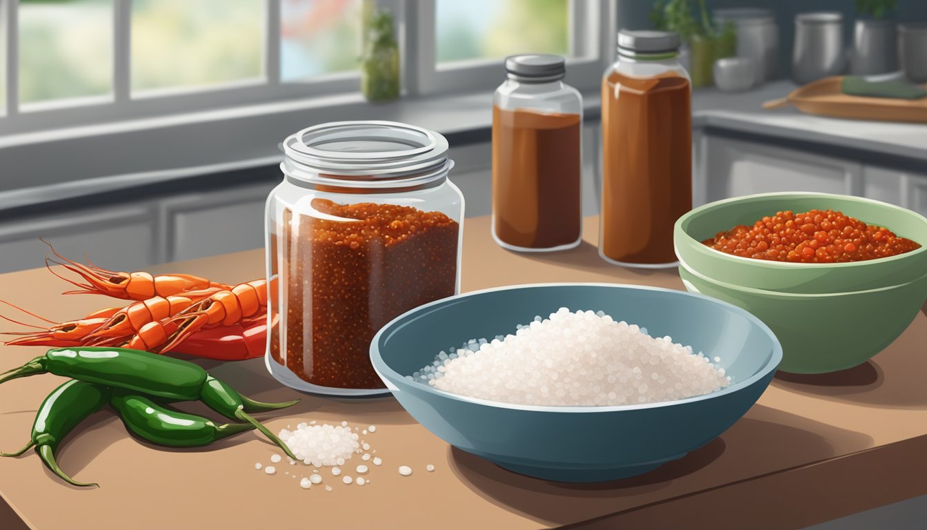 A glass jar filled with shrimp paste, salt, and water, sitting on a kitchen counter next to a bowl of chili peppers and garlic