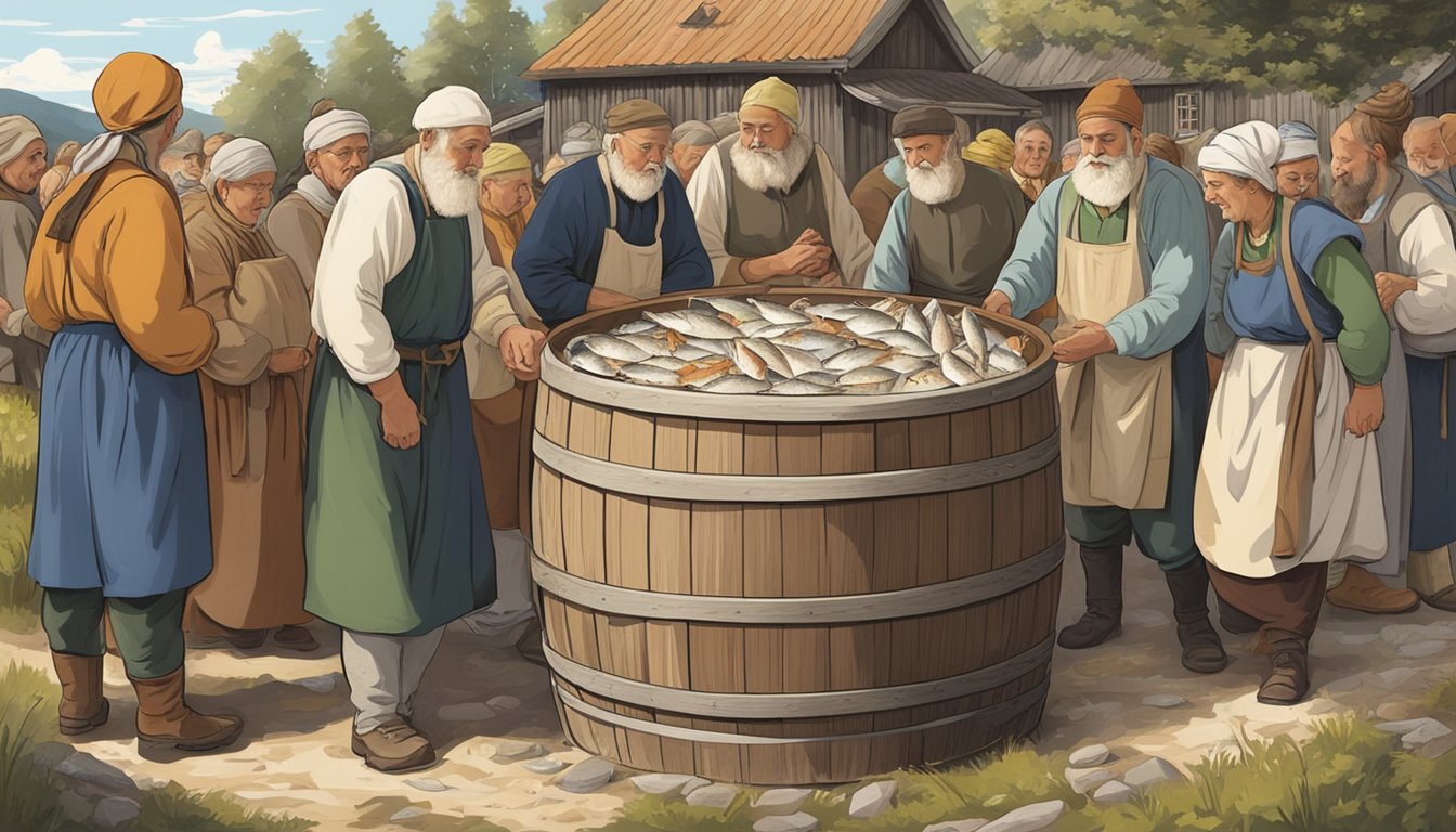 A wooden barrel filled with fish and salt, surrounded by a group of people in traditional clothing, fermenting surströmming in a rural Swedish village