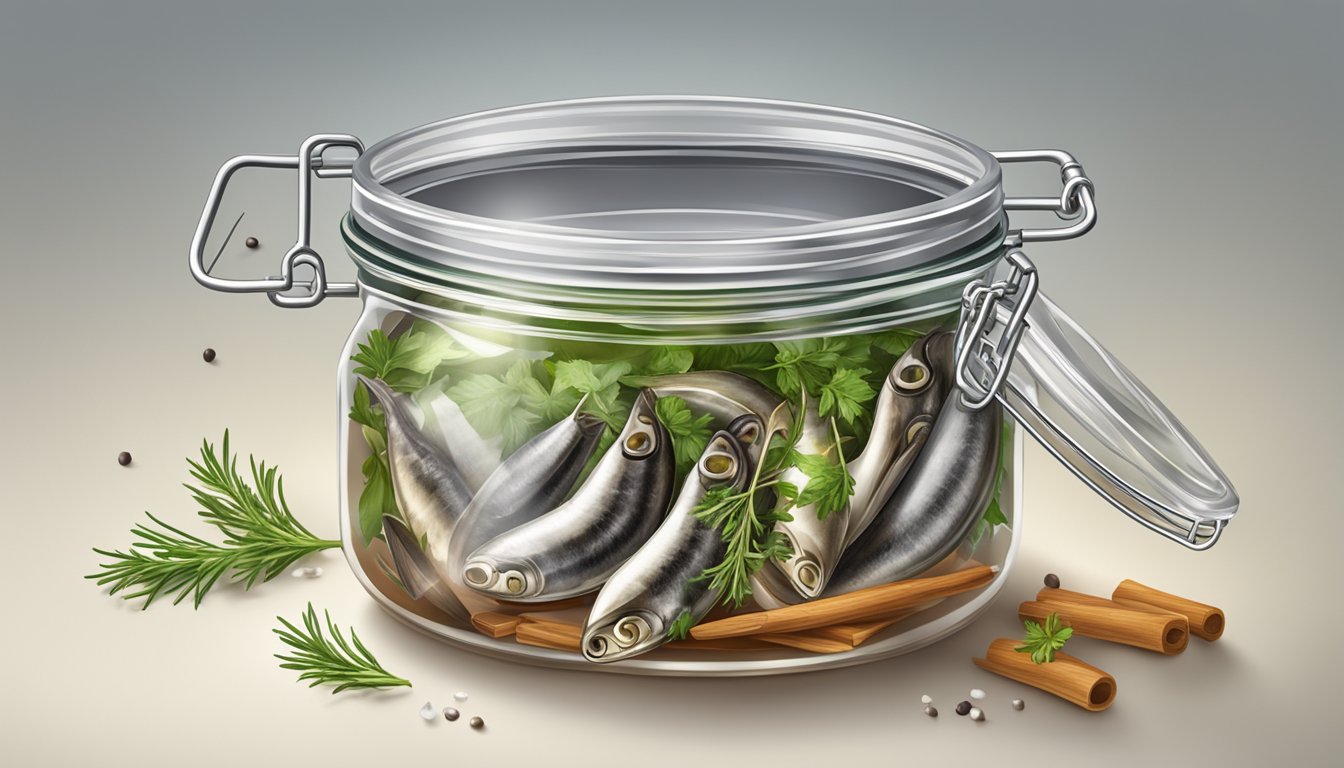 A glass jar filled with anchovies and salt, surrounded by herbs and spices, with a bubbling airlock on the lid