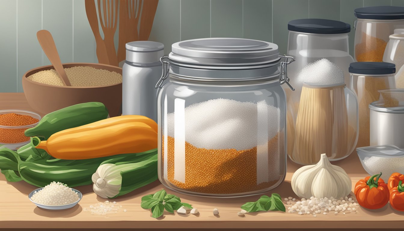 A jar of cincalok sits on a kitchen counter, surrounded by ingredients like chili, garlic, and sugar. A mesh cloth covers the jar, allowing air to circulate as the fermentation process takes place