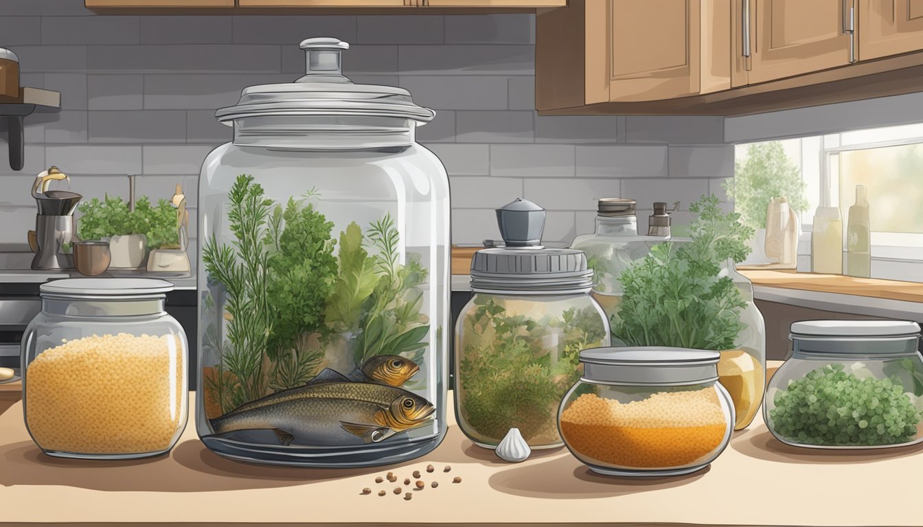 A glass jar filled with fish and salt sits on a kitchen counter, surrounded by various herbs and spices. A small airlock allows for fermentation