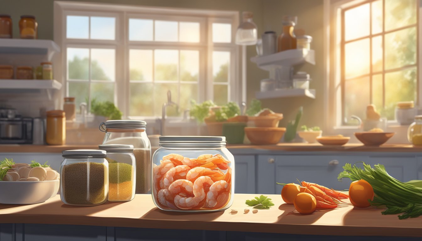 A glass jar filled with shrimp and salt sits on a kitchen counter, surrounded by ingredients like chili and garlic. Sunlight streams through the window, casting a warm glow on the scene