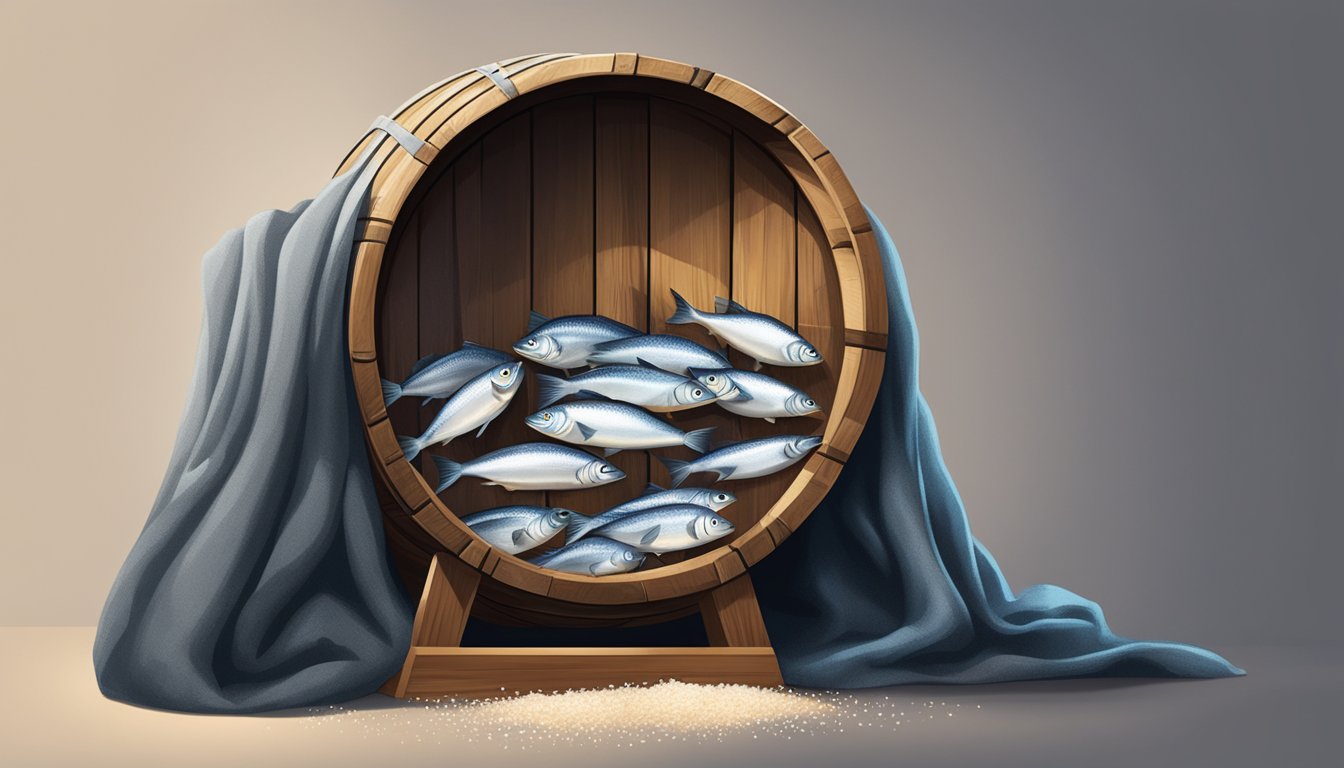 A wooden barrel filled with fish and salt, covered with a cloth, sitting in a dark, cool room