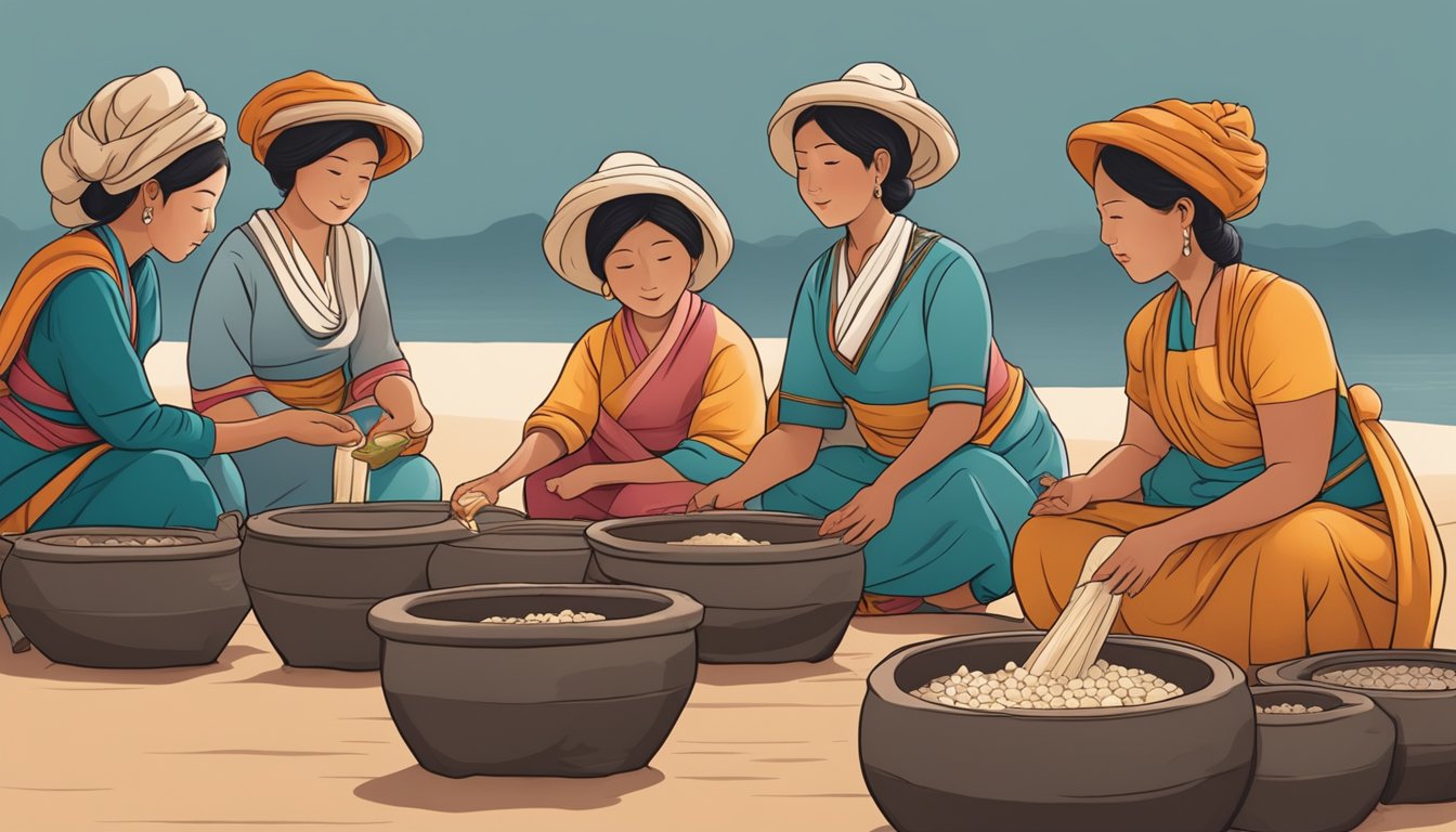 A group of women in traditional clothing gather around large clay pots filled with fish and salt, as they demonstrate the process of fermenting budu