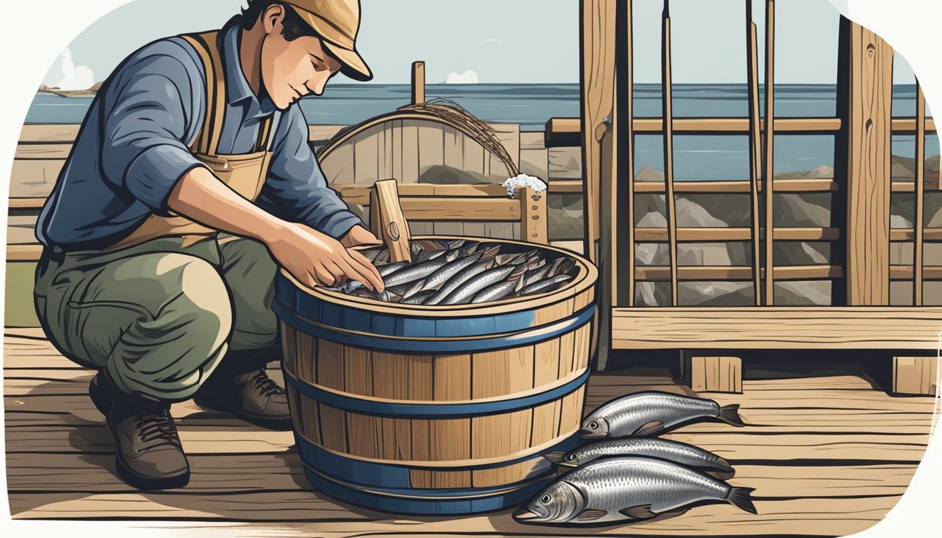 A person placing herring in a wooden barrel, adding salt, and sealing it to ferment surströmming