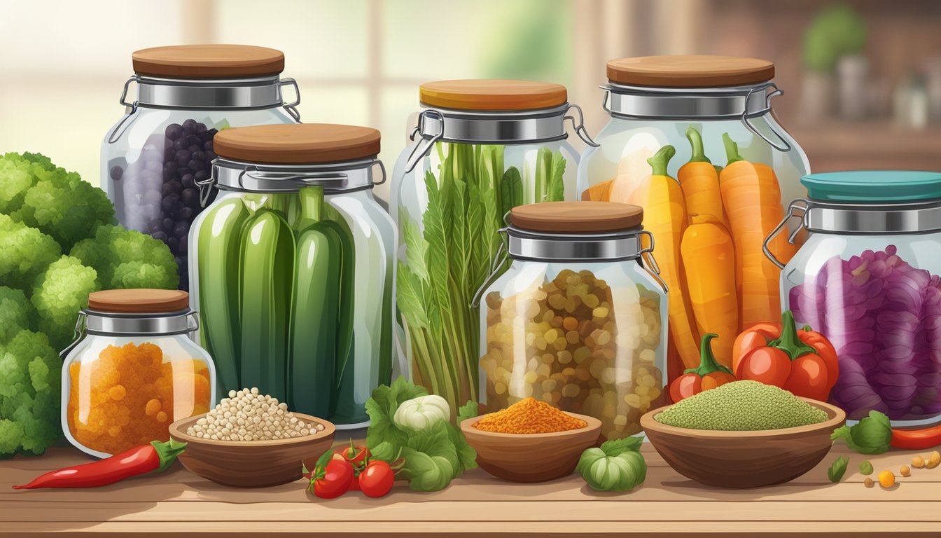 A variety of colorful vegetables and spices arranged on a wooden table, with jars of fermenting torshi in the background