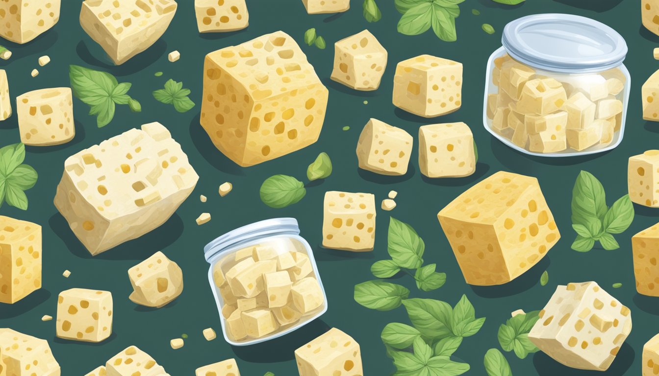 A large jar filled with cubes of tofu submerged in a pungent, bubbling mixture of fermenting ingredients, emitting a strong odor