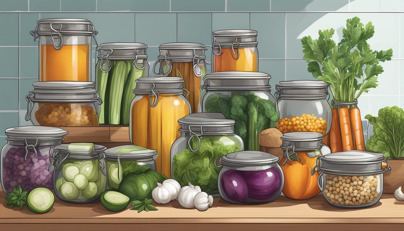 A variety of vegetables and spices arranged on a clean kitchen counter, alongside jars and fermentation equipment