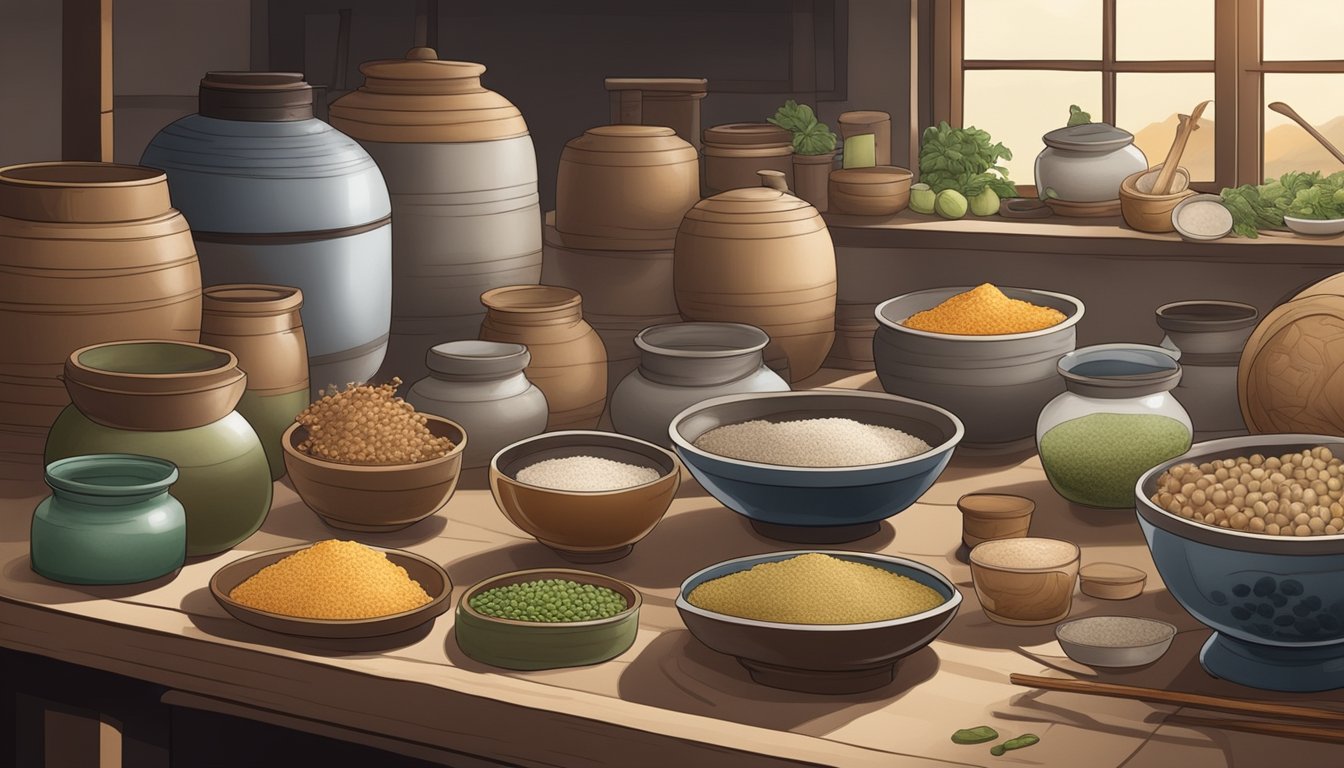 A traditional Chinese kitchen with clay jars of fermenting suanmeitang, surrounded by various ingredients and utensils