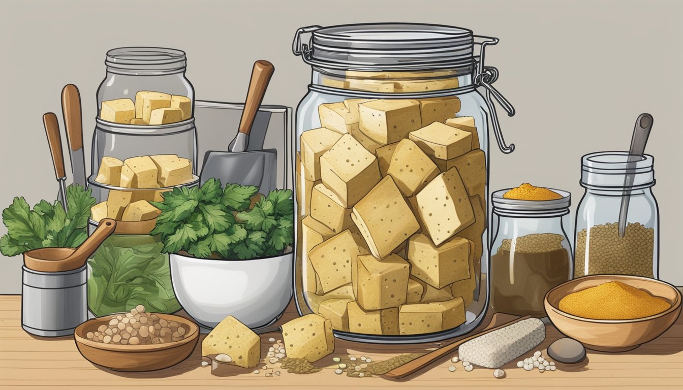 A jar of stinky tofu sits on a kitchen counter, surrounded by ingredients and tools for fermentation. The tofu emits a pungent odor, and bubbles can be seen forming within the jar