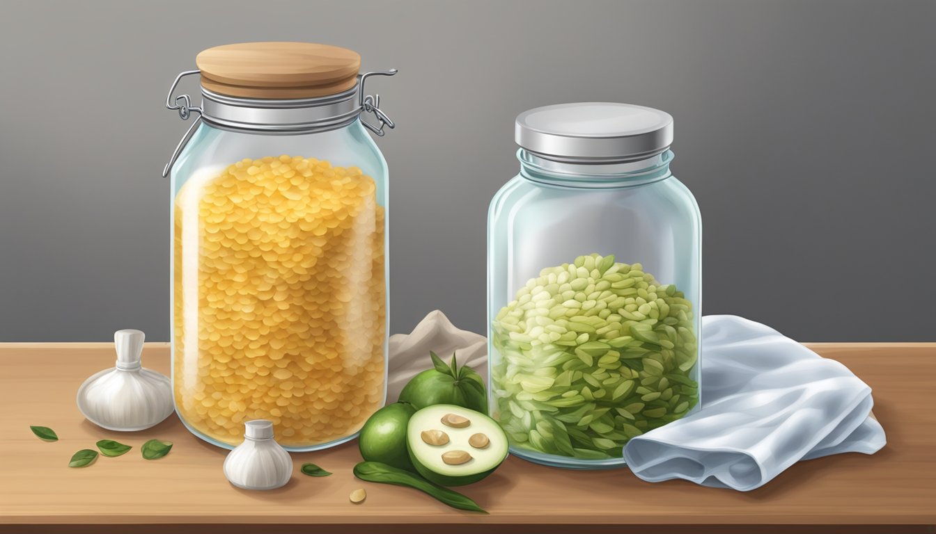 A glass jar filled with suanmeitang ingredients, covered with a cloth and left to ferment on a kitchen counter