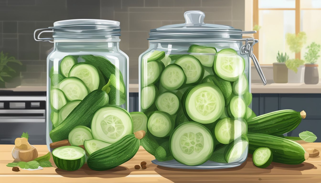 A glass jar filled with sliced cucumbers, water, salt, and various spices, sitting on a kitchen counter