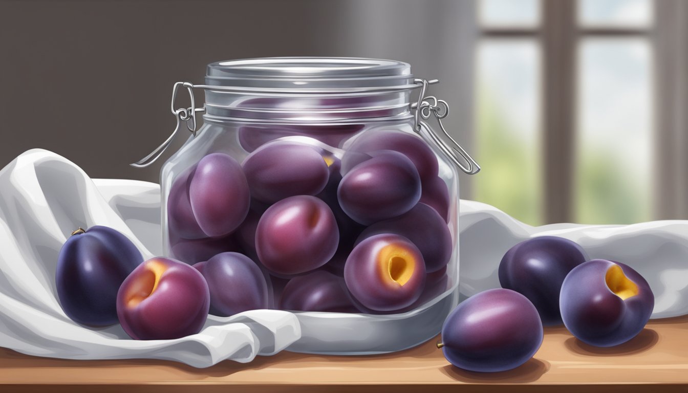 A glass jar filled with sliced plums and sugar, covered with a cloth and left to ferment on a kitchen counter