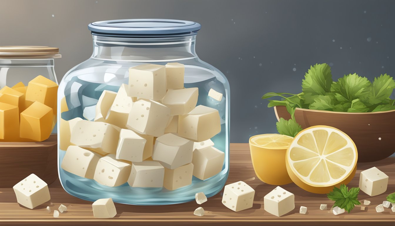 A large glass jar filled with water and salt, with cubes of tofu soaking inside