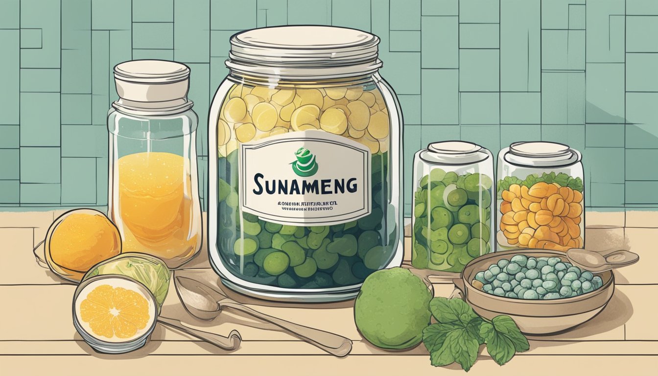 A jar of suanmeitang sits on a countertop, surrounded by various ingredients and utensils. Bubbles rise to the surface as the liquid ferments, emitting a tangy aroma