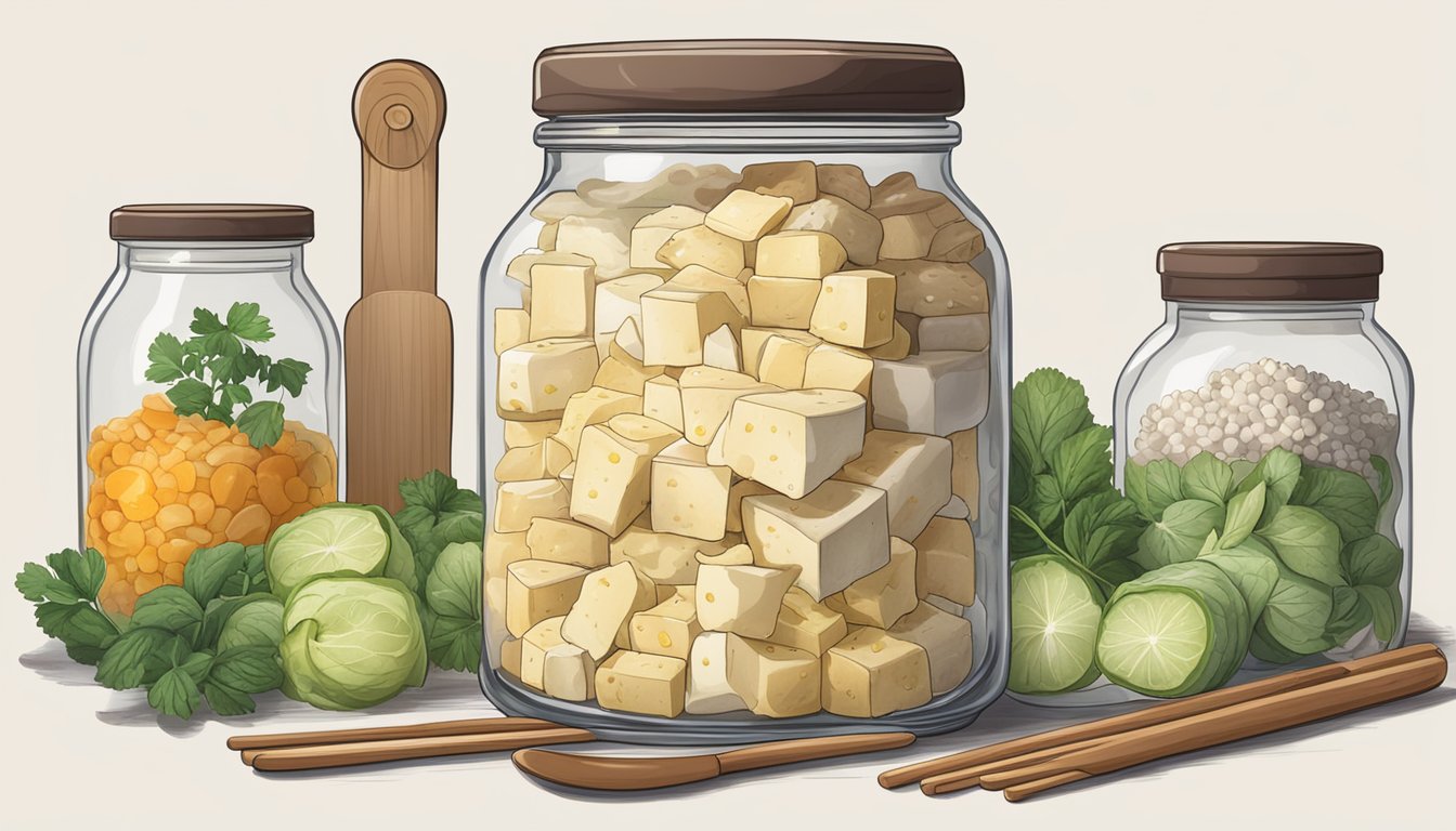 A large jar of fermenting tofu emitting pungent aroma, surrounded by various flavoring ingredients and serving utensils